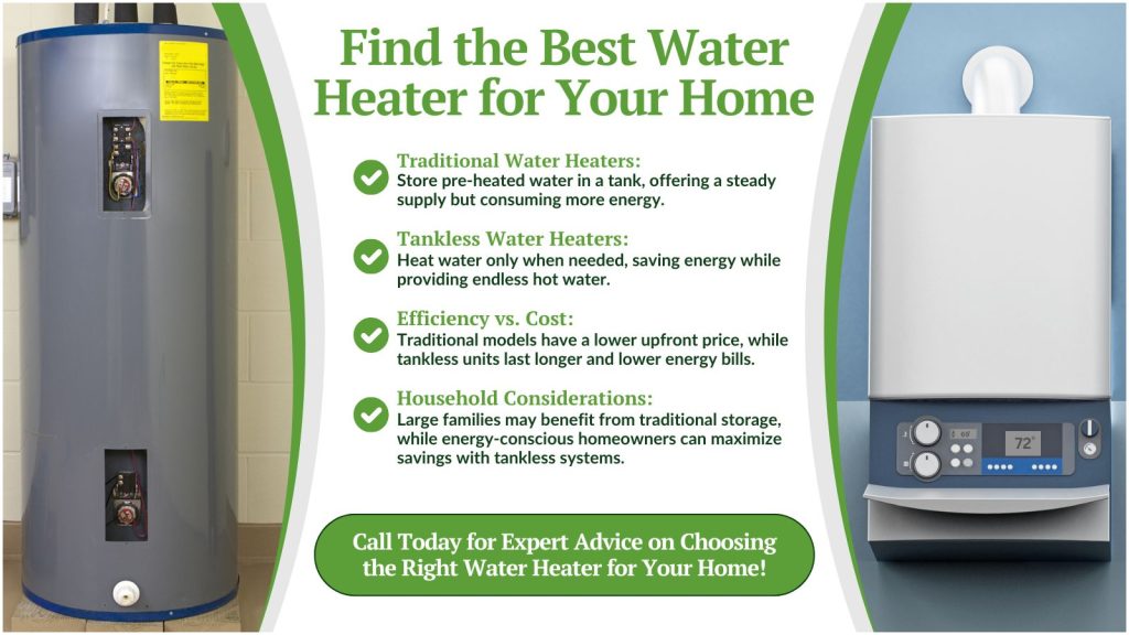 This is an image of a standard hot water heater and a tankless hot water heater. The headline reads fine the best water heater for your home.