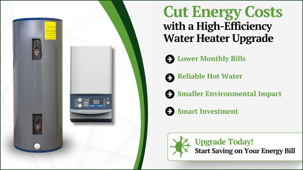 This is an image of a new water heater and a new tankless water heater. The headline reads cut energy cost with a high-efficiency water heater upgrade.