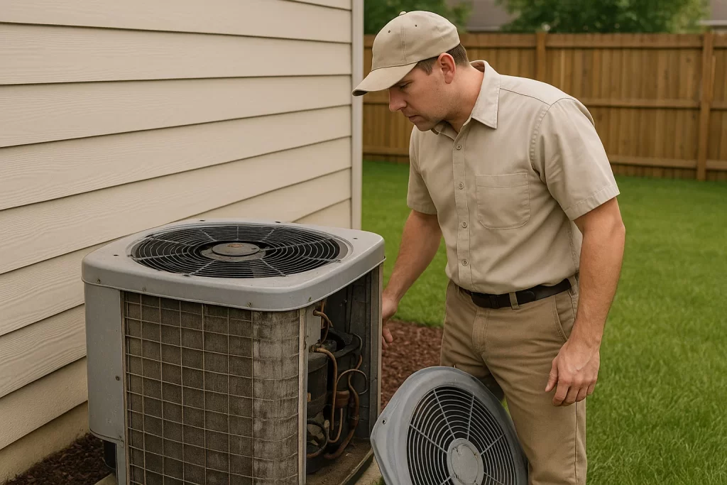 HVAC technician evaluating aging air conditioning unit in Springfield backyard.