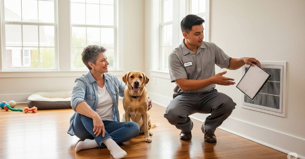 Homeowner with dog discusses air purifier installation with HVAC technician in Philadelphia home.