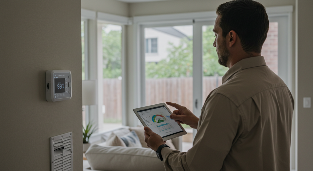 Homeowner consults with HVAC technician on smart thermostat settings in Houston home.