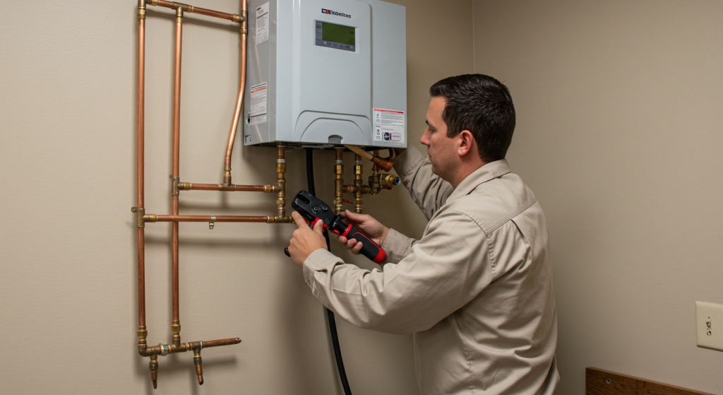 HVAC technician installs tankless water heater in Houston home utility room.