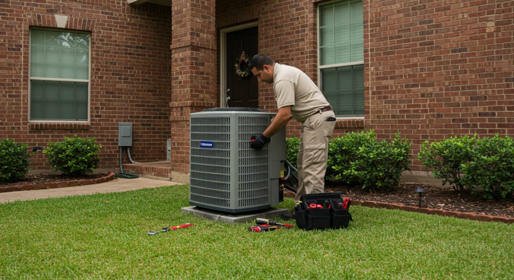 HVAC technician installs central air conditioning unit outside Houston suburban home.