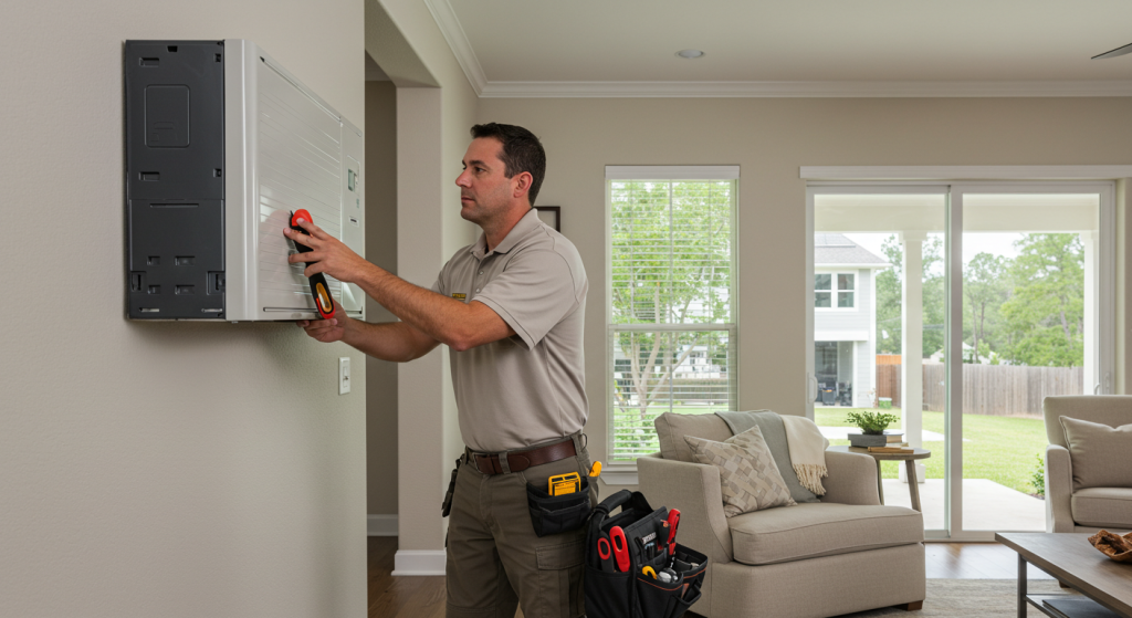 HVAC technician installs ductless mini-split indoor unit in Houston home living room.