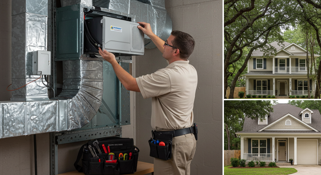 HVAC technician installs whole-house air purifier unit in Houston home utility room.