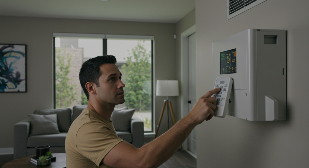Homeowner observes unresponsive ductless AC unit in Houston living room.