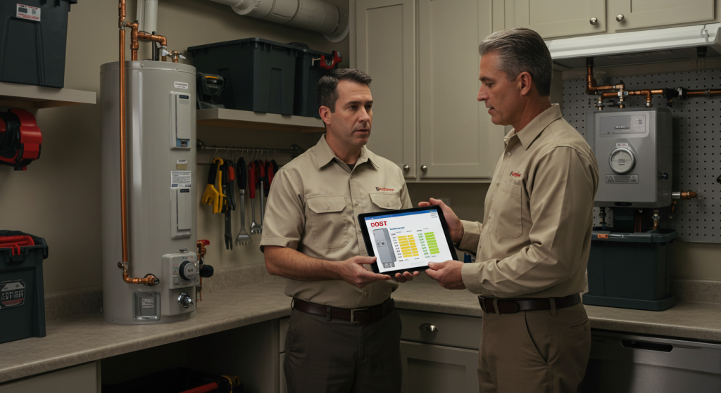 Homeowner discusses water heater installation costs with HVAC technician in Houston utility room.
