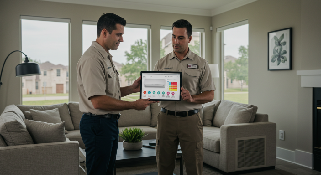 Homeowner consults with HVAC technician on AC installation options in Houston living room.