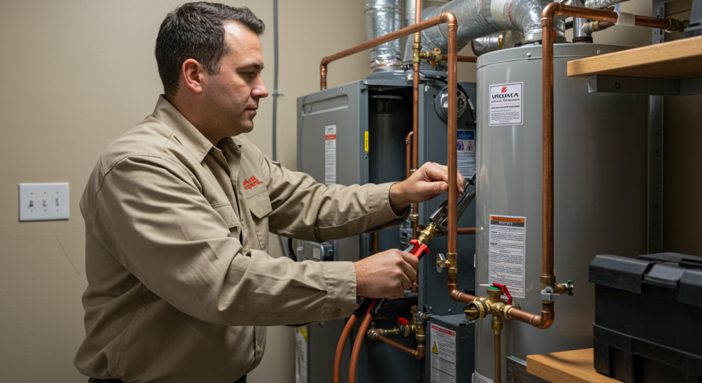 HVAC technician installs gas water heater in Houston home utility room.