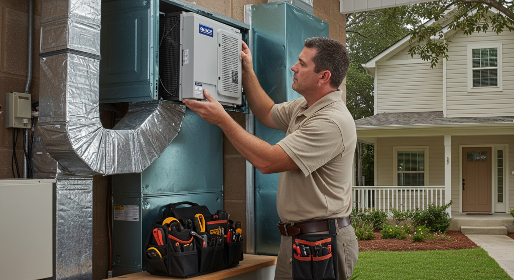 HVAC technician installs whole-house air purifier unit in Houston home utility room.