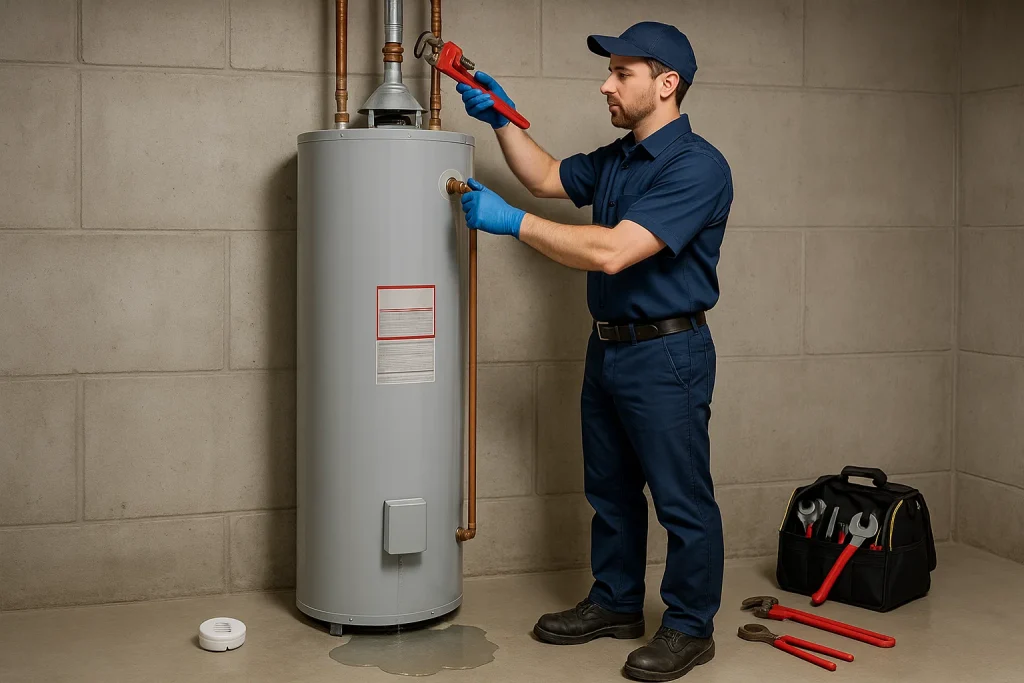 Plumber repairing leaking pipe joint above residential water heater