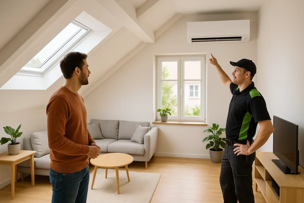 Homeowner with technician reviewing ductless mini-split installation in an attic living space