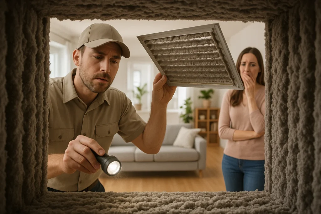 Homeowner watches technician inspect dusty vent during air quality check
