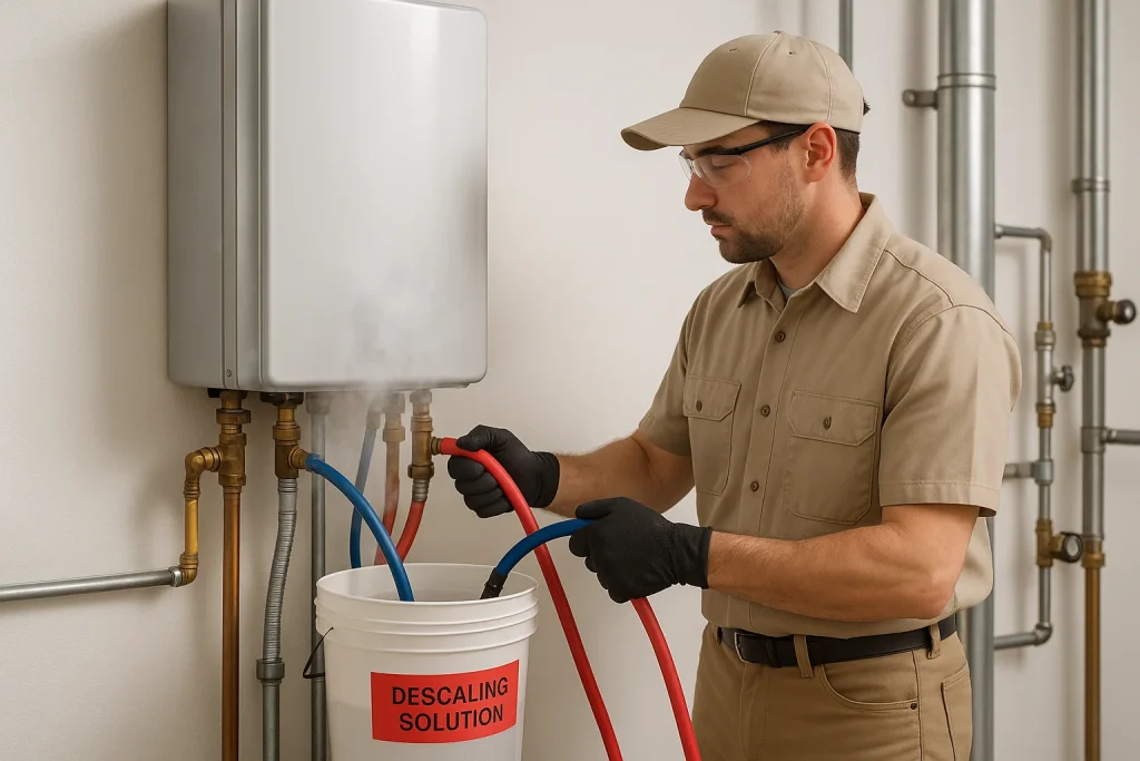 Technician flushing tankless water heater with descaling solution