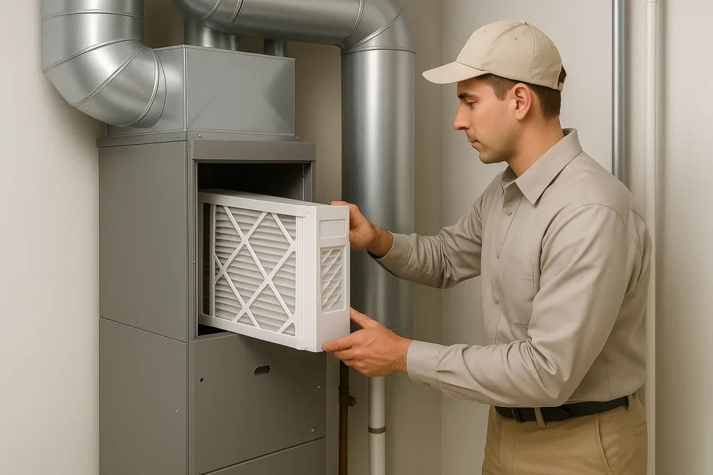 technician installing whole‑home air purification system in HVAC return duct