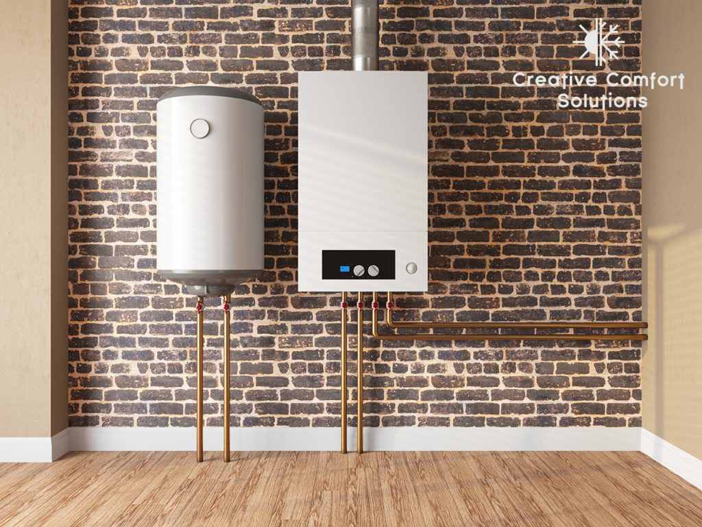 A modern water heater on a brick wall.