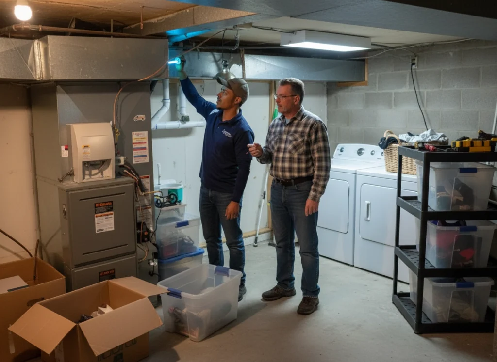 Homeowner with UV air purifier installed in HVAC return vent during winter indoor air quality setup