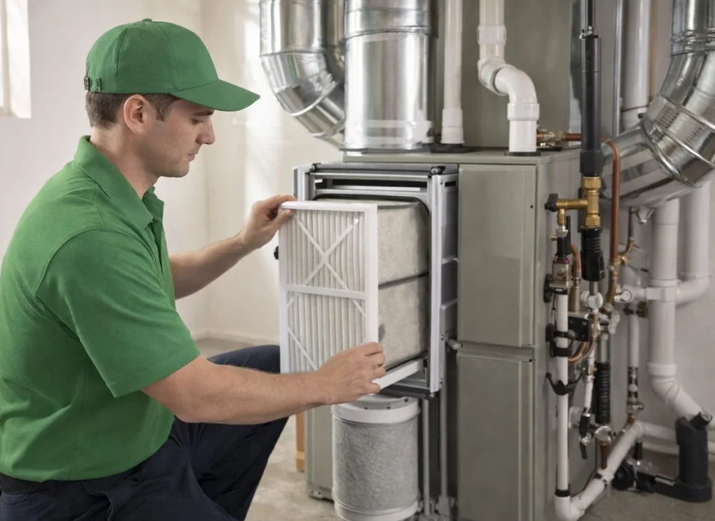 Technician installing air quality equipment to improve indoor comfort in winter