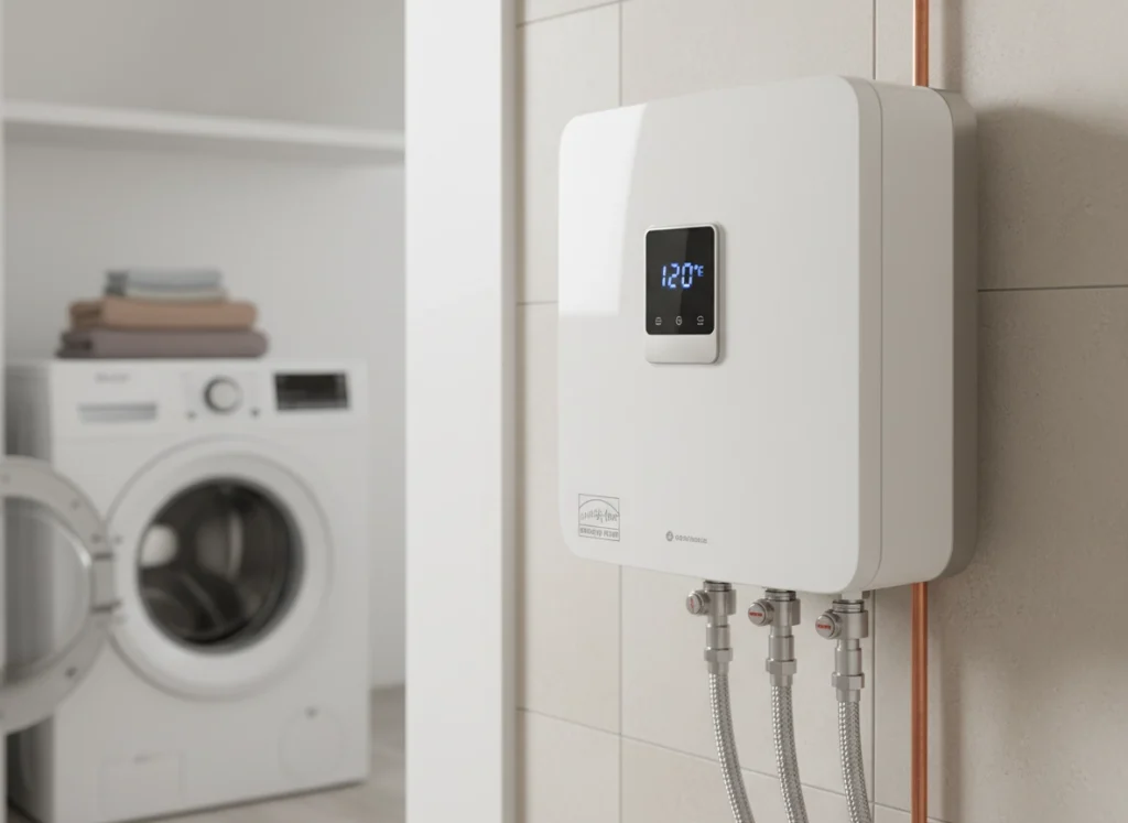 Close‑up of high‑efficiency water heater in tidy basement highlighting modern energy‑saving design.