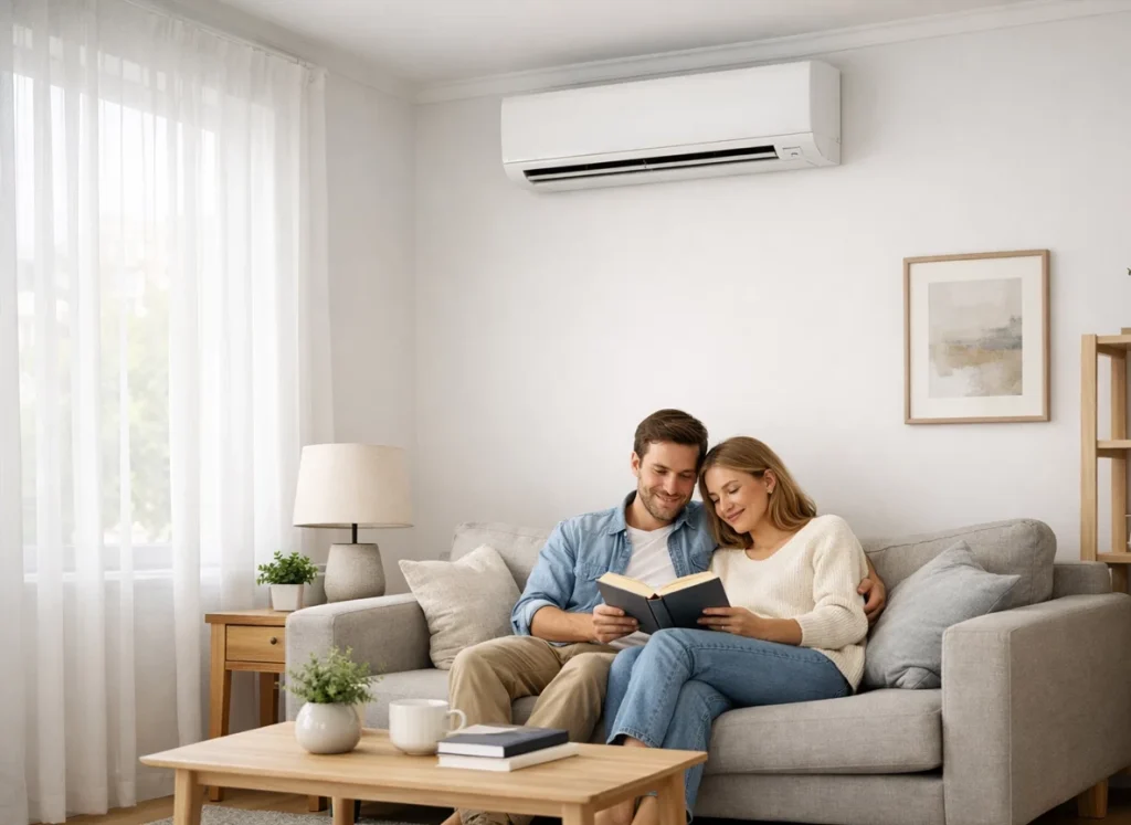 A homeowner couple relaxing on the couch with a mini split on the wall above them.