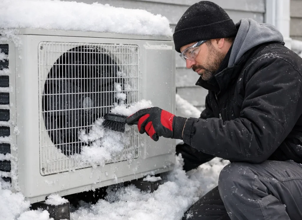 Clearing snow from ductless outdoor unit to prevent heating problems