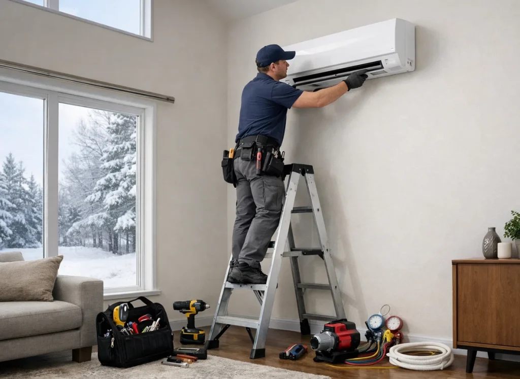 HVAC technician installing ductless mini-split system in home during winter