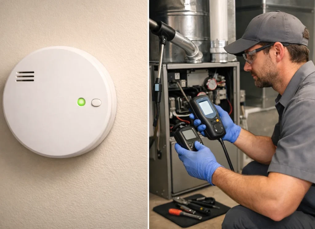 Carbon monoxide detector and HVAC technician performing furnace CO safety test