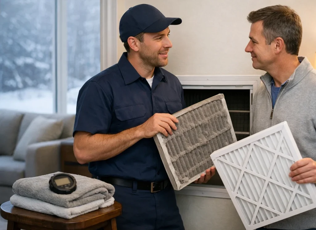 Homeowner and HVAC technician replacing a dirty air filter during winter for better airflow