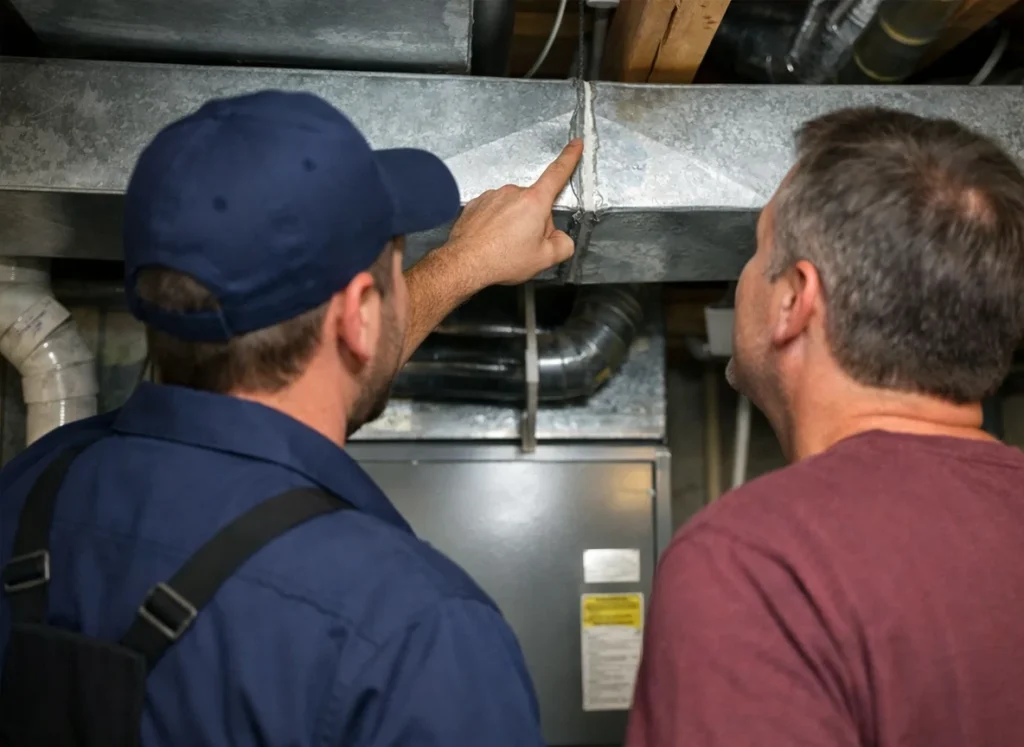 An HVAC technician and a homeowner looking at broken ductwork in the basement.