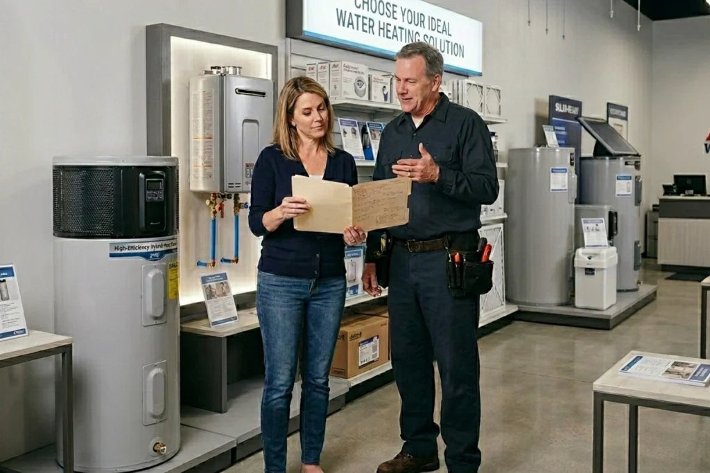 Homeowner choosing the right water heater for home setup