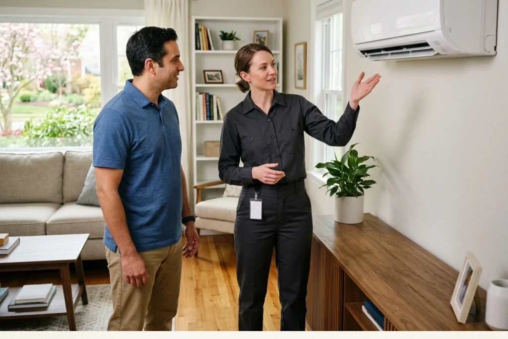 Homeowner learning why April is ideal for ductless installation
