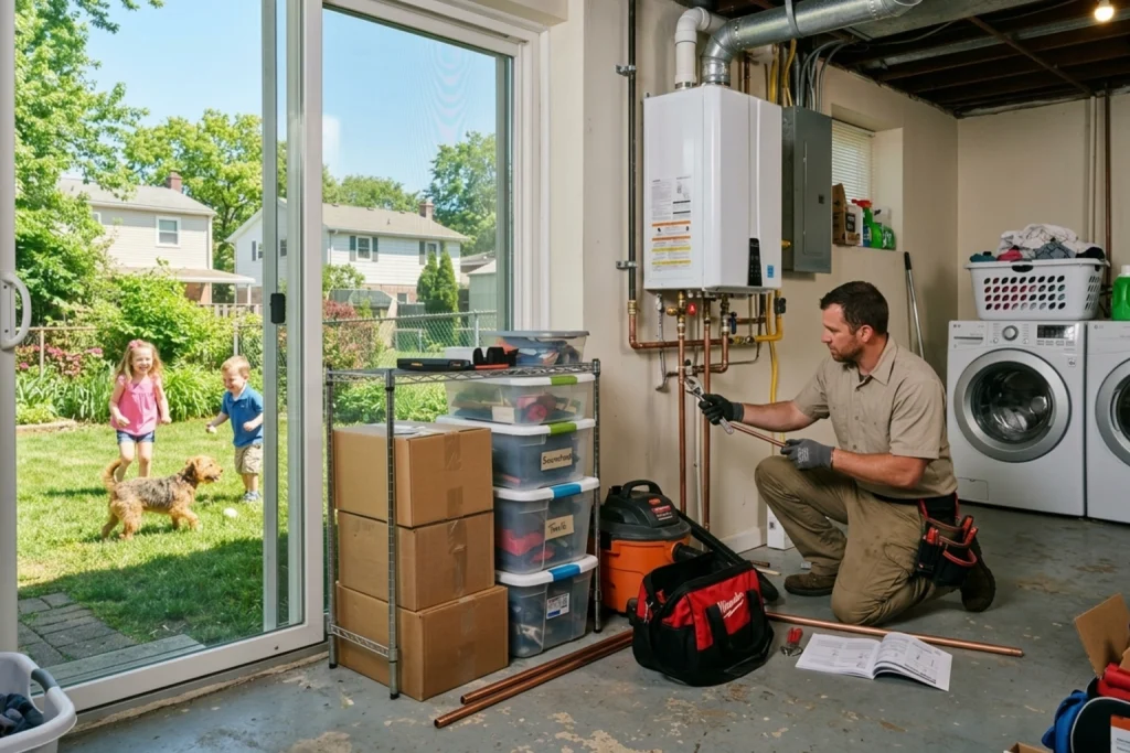 Plumber installing new residential water heater