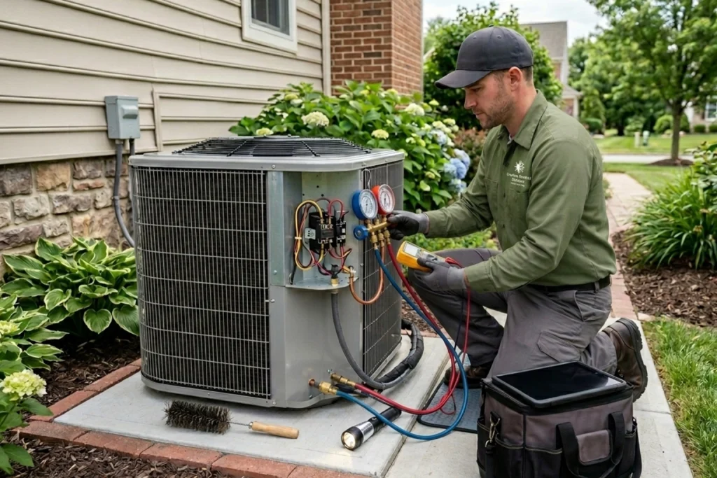 HVAC technician performing pre-summer AC maintenance