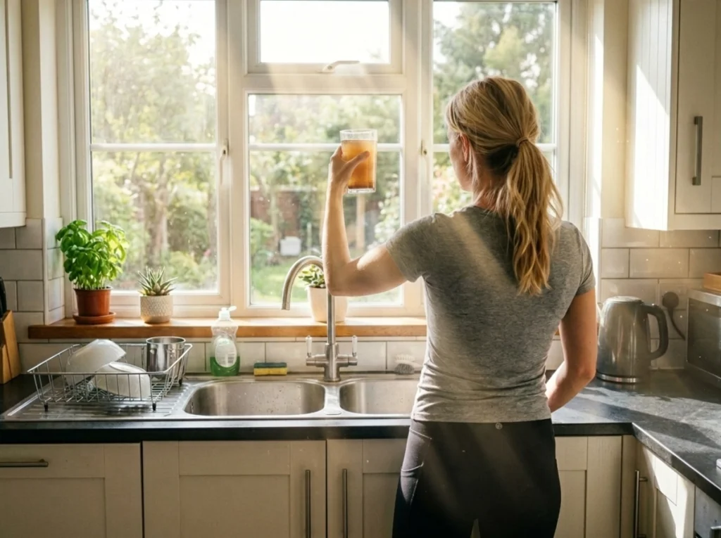 A woman holding up a glass of rusty water in her kitchen.