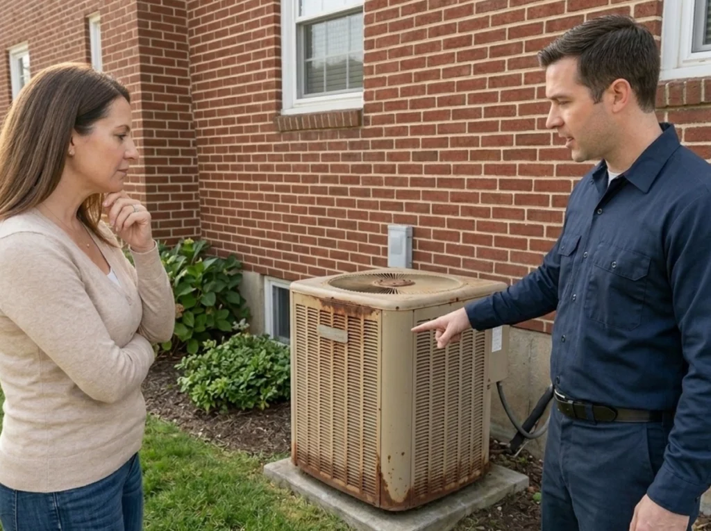 Springfield homeowner discussing AC and furnace replacement options with an HVAC technician