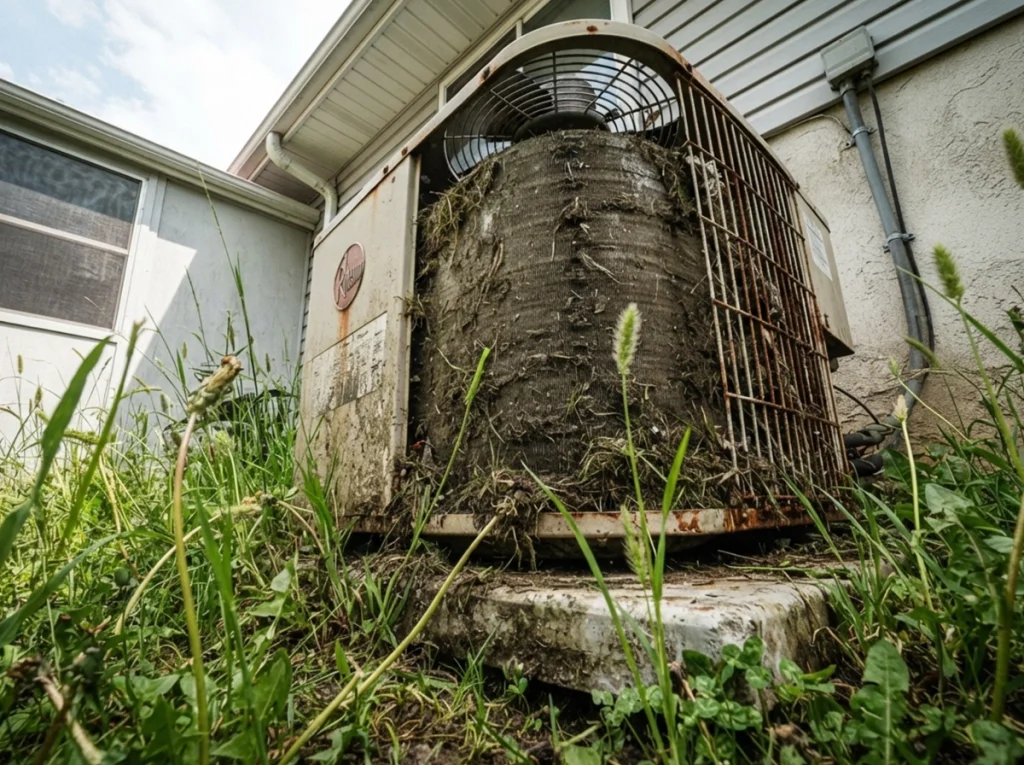 A dirty AC condenser unity on the side of a home.