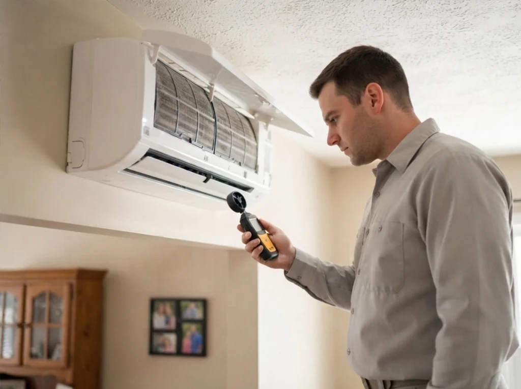 HVAC technician measuring airflow from a ductless mini-split in Springfield