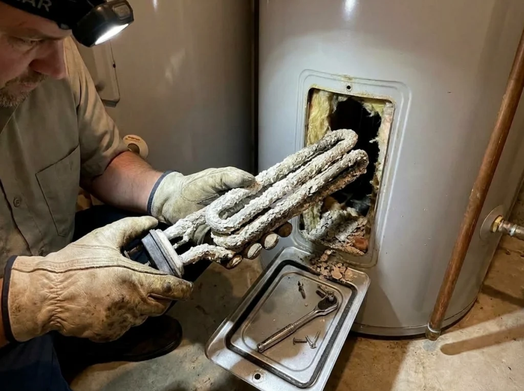 A plumber removing a heating coil from a water heater that is coded in mineral deposits.